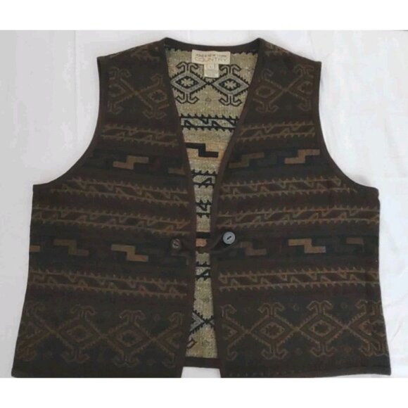 Vintage JONES NEW YORK COUNTRY Tapestry Vest Sz Large Brown Aztec Design V-Neck - Picture 1 of 8